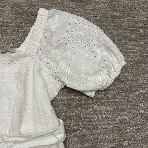 Ann Taylor Loft Dress Women 12 White Eyelet Lace Belted Puff Sleeve Resort Beach - Picture 3 of 15